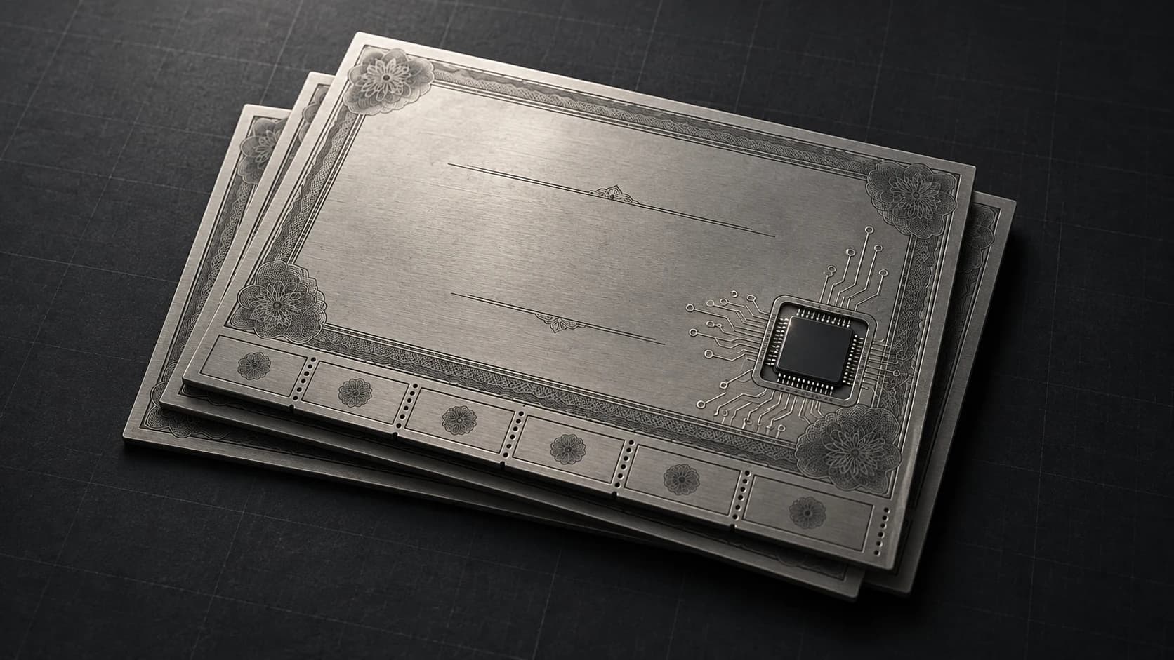 Silver bond certificates with an embedded computer processor on a dark surface.