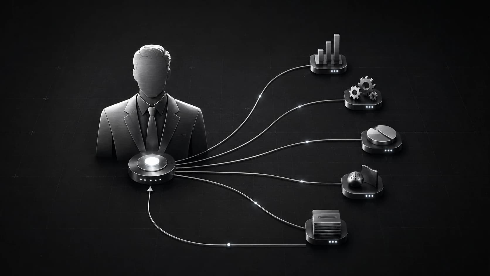 Minimalist private-equity money manager connected to a branching network of AI bots.