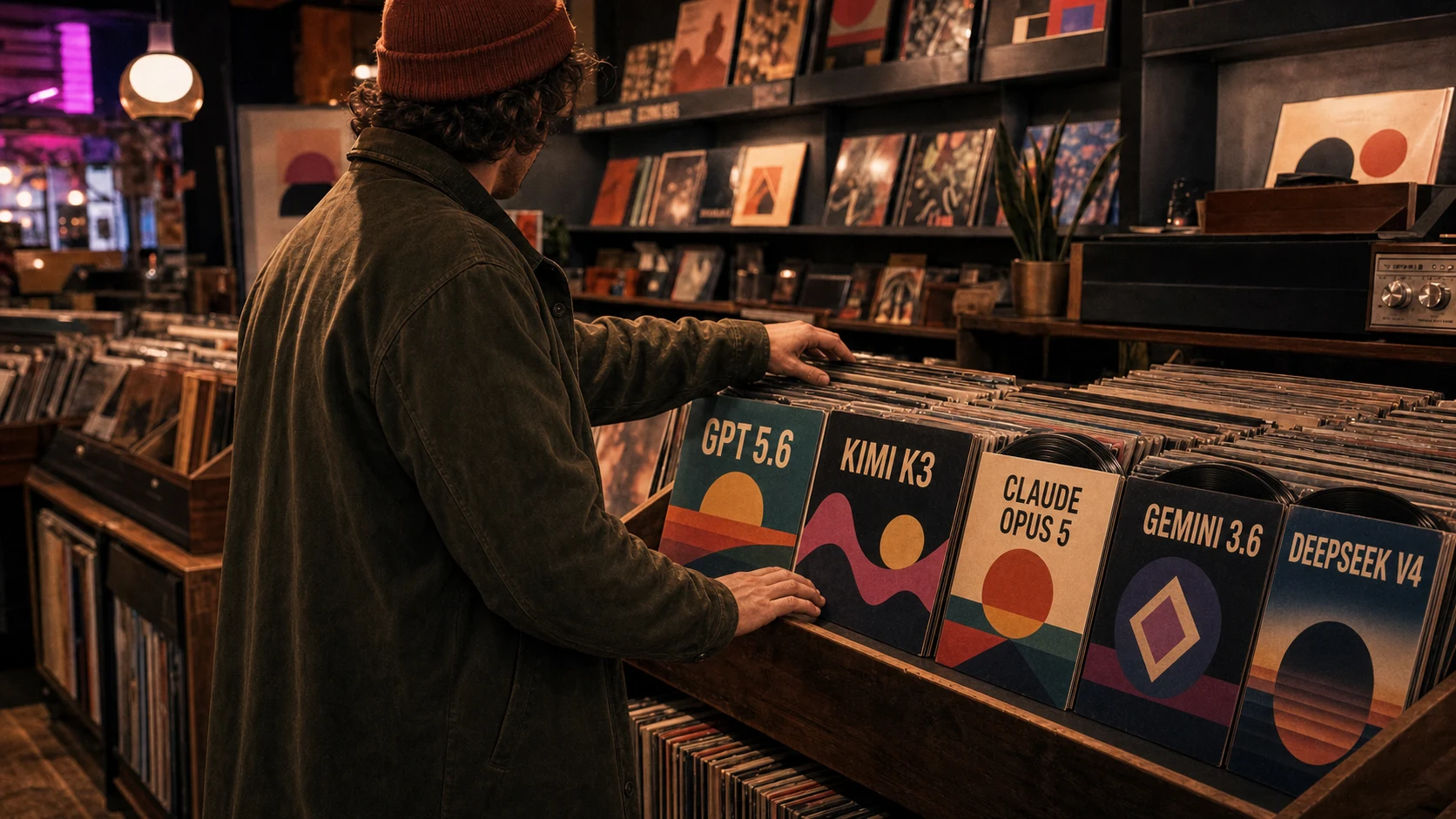 A customer browses a record shop where AI models appear as competing vinyl album releases.