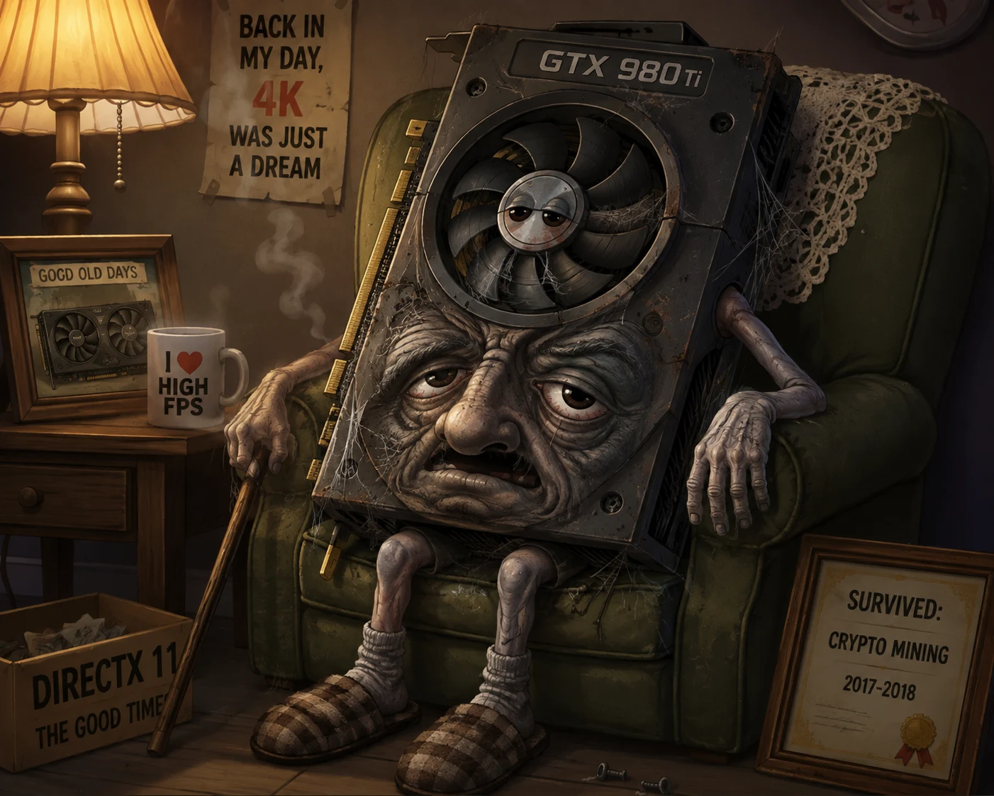 An elderly anthropomorphic GTX 980 Ti rests in an armchair, illustrating hardware that still works after its economics have aged.